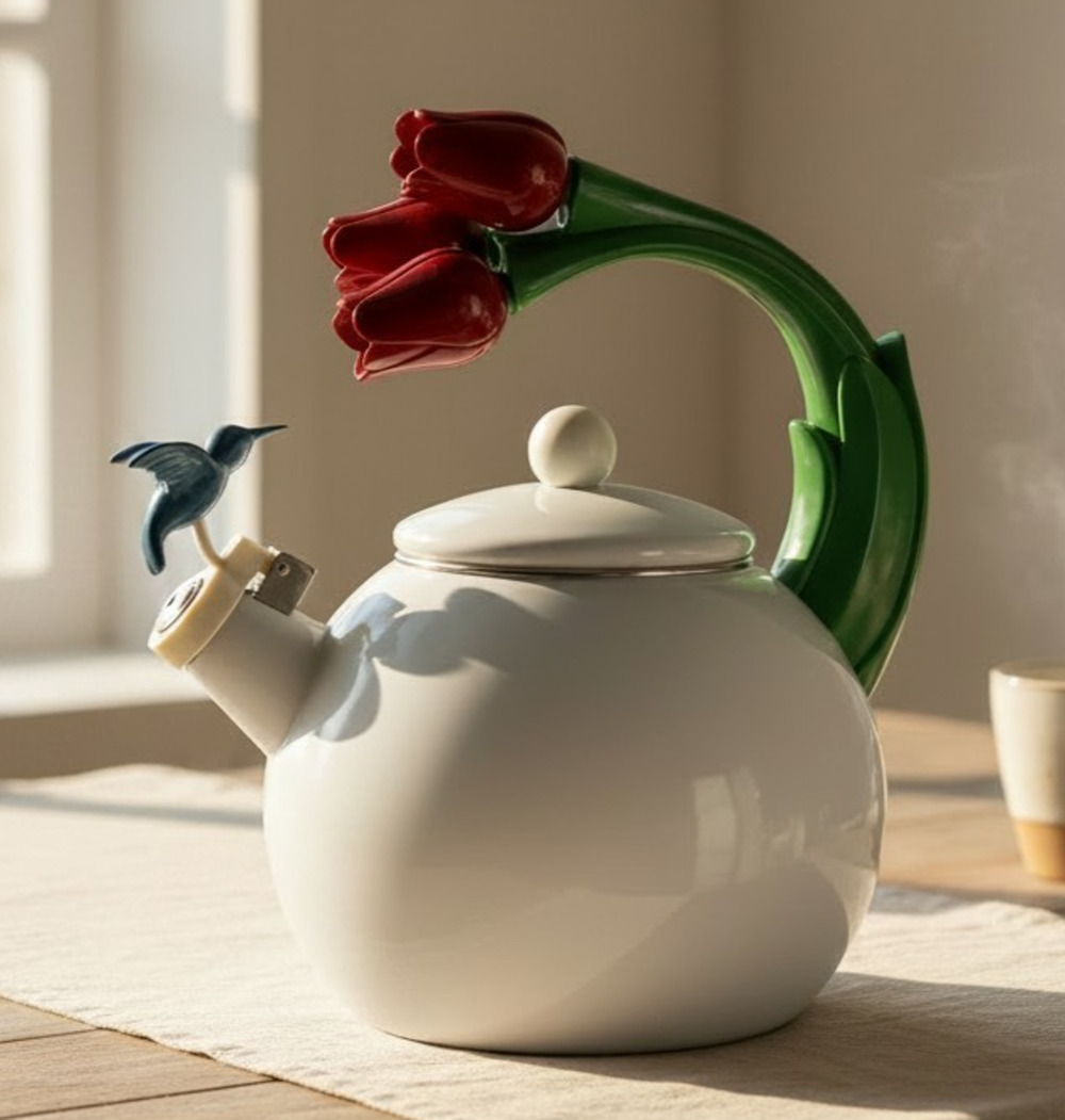 Ancona White Enamel Whistling Tea Kettle Hummingbird Red Tulips Vintage 1990s